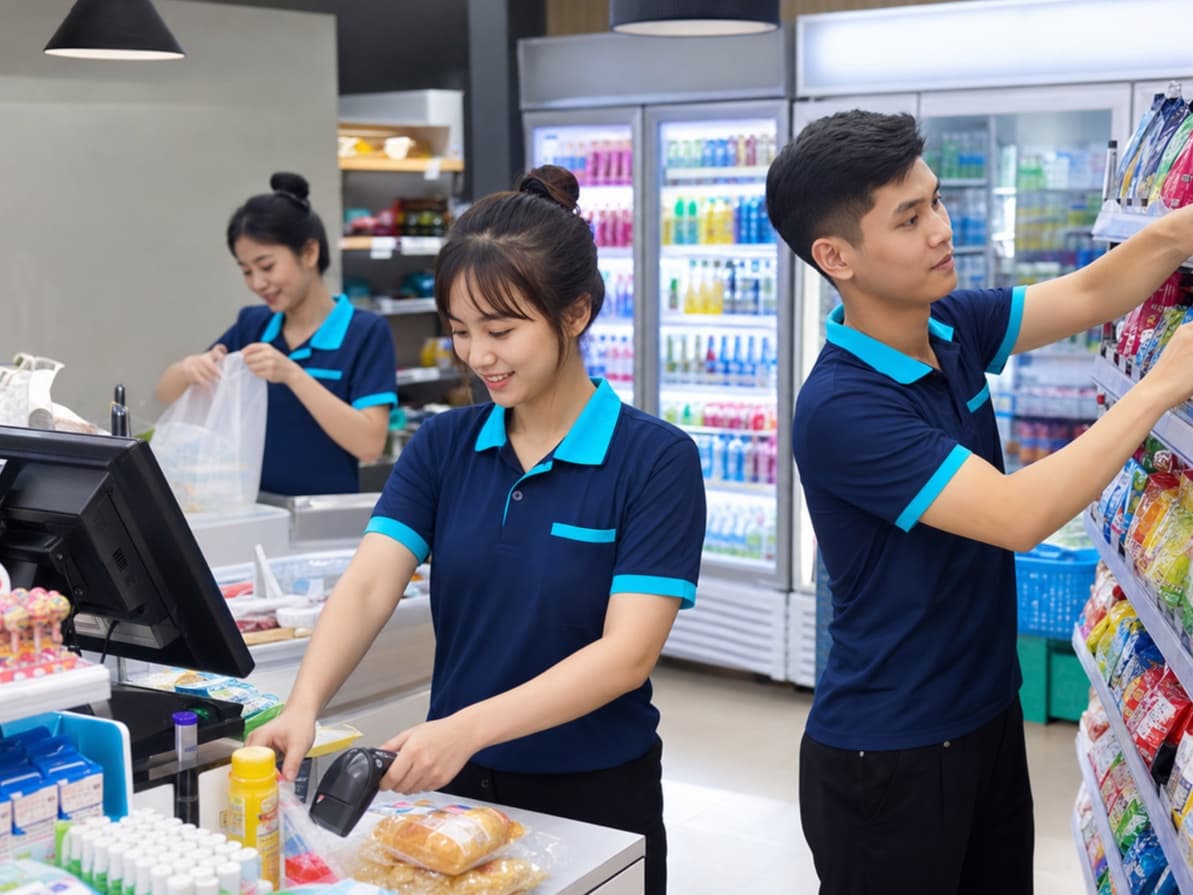 Đội ngũ phối hợp trong một ca làm tại cửa hàng
