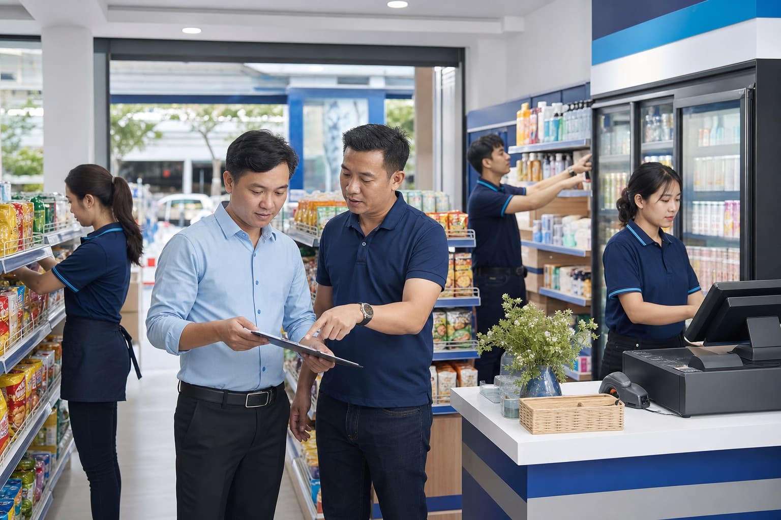 Đội ngũ chuẩn bị cửa hàng trước ngày khai trương
