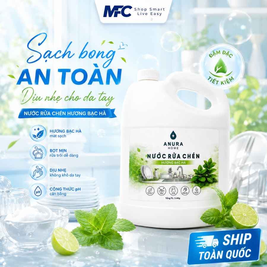 Nước Rửa Chén Anura Home Hương Bạc Hà 3.6kg – Làm Sạch Bát Đĩa